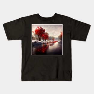 Red leaves on snow Kids T-Shirt